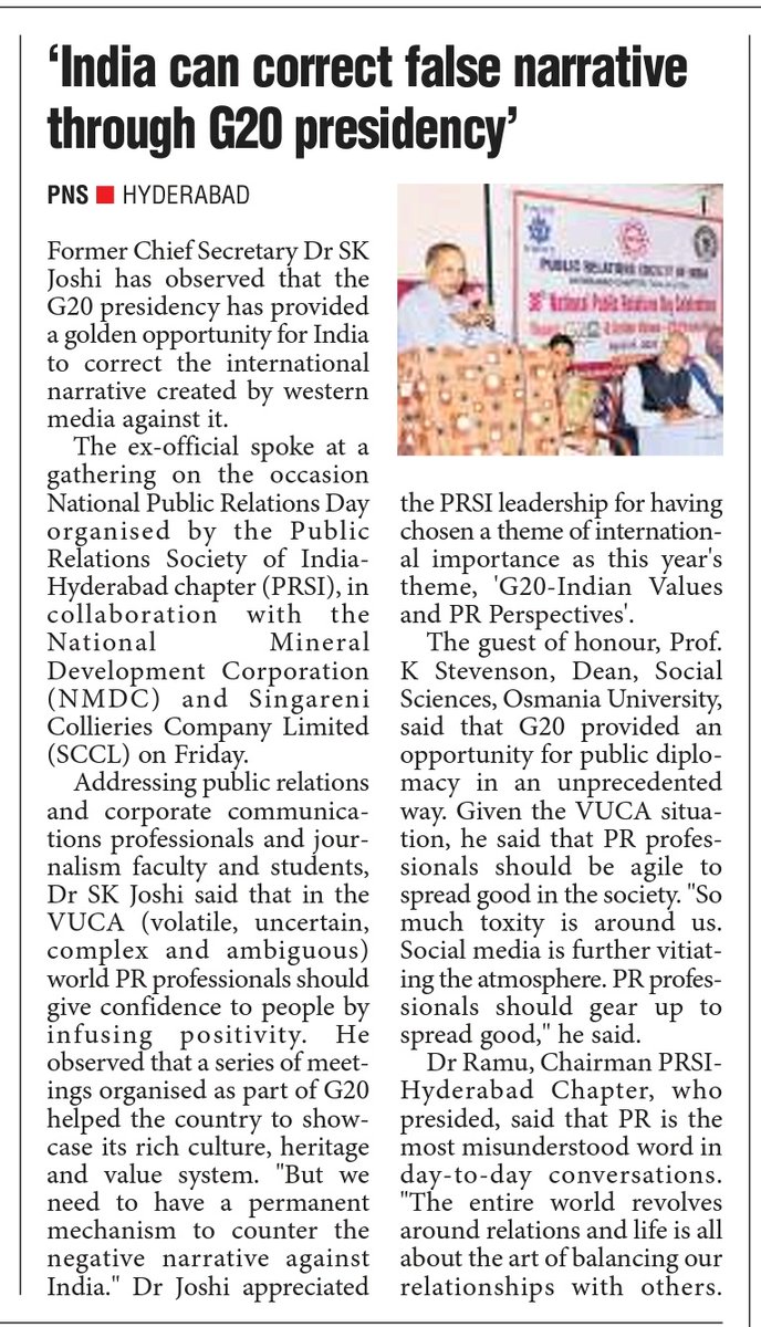 PRSIHyd's tweet photo. The Pioneer Newspaper coverage on National PR Day Celebs held in Hyderabad by @PRSIHyd Chapter

@DrAjitpathak1 @nmdclimited @PRO_SCCL @vybobby @PRSIWomenWing https://t.co/cfDWvJBaxo