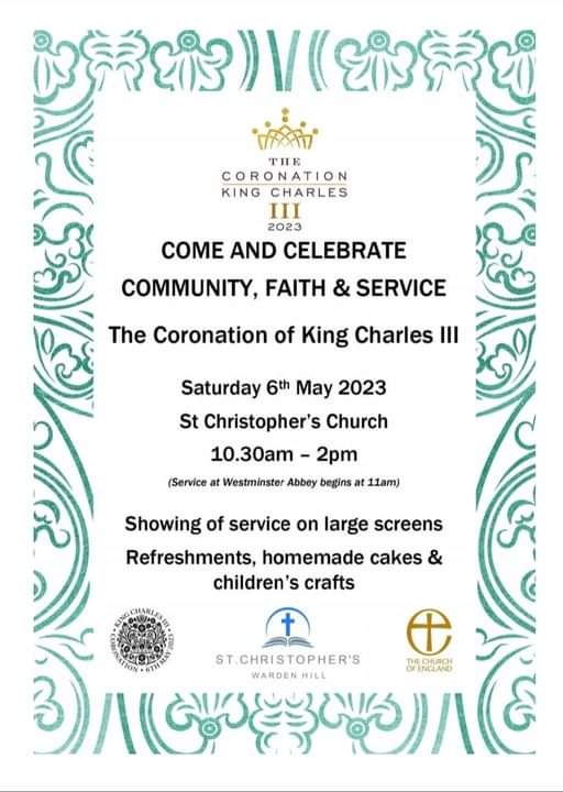10.30-2pm on Saturday 6th May.

Come and watch the #Coronation of King Charles III on large screens <a href="/stchriswh/">St Christopher's Warden Hill</a> with refreshments and children's crafts <a href="/GlosDioc/">The Diocese of Gloucester</a>

The service begins at 11am.