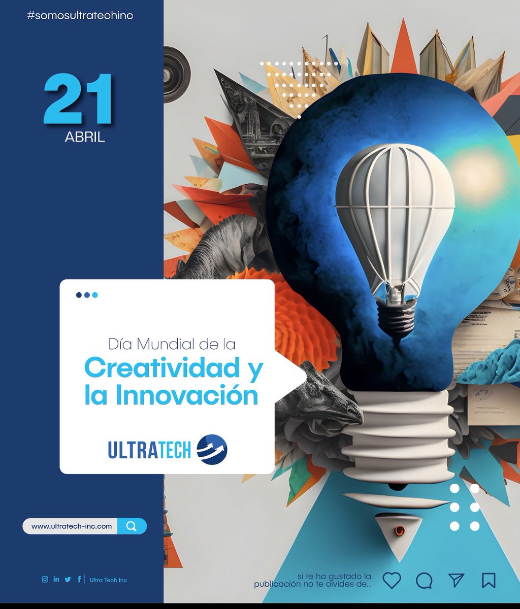 UltraTechIncpty's tweet photo. La creatividad y la innovación son la clave para el progreso humano. Celebra el Día Mundial de la Creatividad y la Innovación y descubre cómo puedes marcar la diferencia con tus ideas.

#WorldCreativityDay 
#ultratechincpty 
#somosultratechinc https://t.co/kWTpdiIMFS