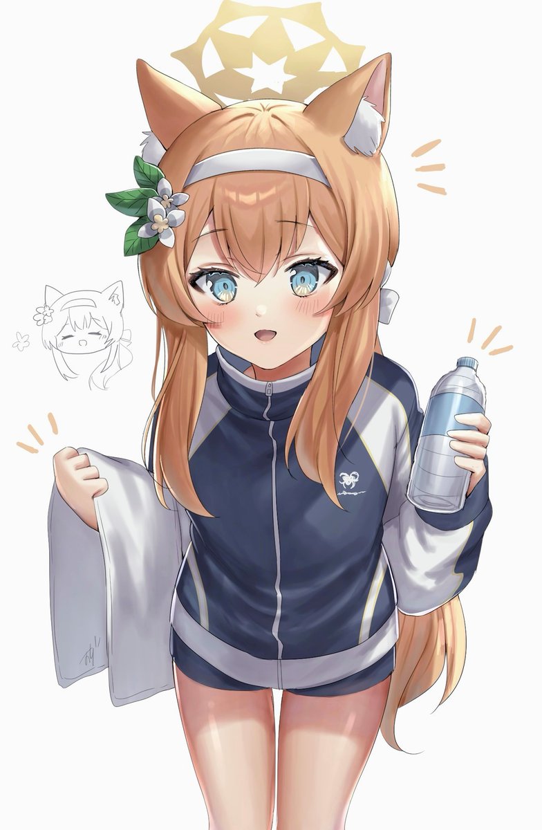 mari (blue archive) 1girl animal ears official alternate costume halo water bottle track jacket long hair  illustration images