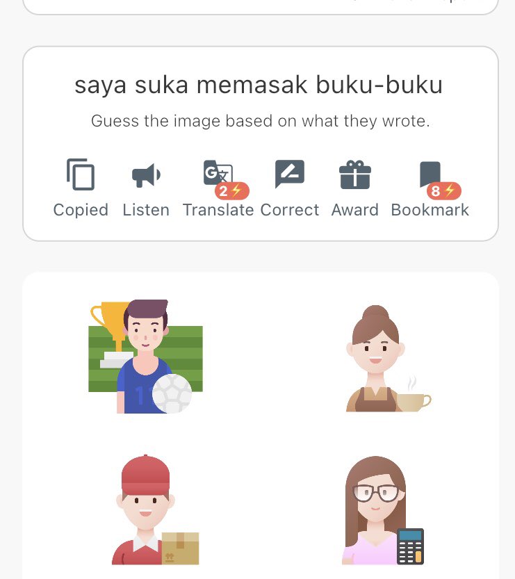 MsFixer_Asia's tweet image. #今日のインドネシア語 #Polygloss
Saya suka memasak buku-buku.
(直訳すると「私は本を調理するのが好き」)
以下の4つの画像のどれか1つから着想を得て書いた一文だそうですが、うーん🤔 私が知らないだけでmemasakやbuku-bukuに特別な意味があるのかな？スペルミスだとしても、正解が分からない