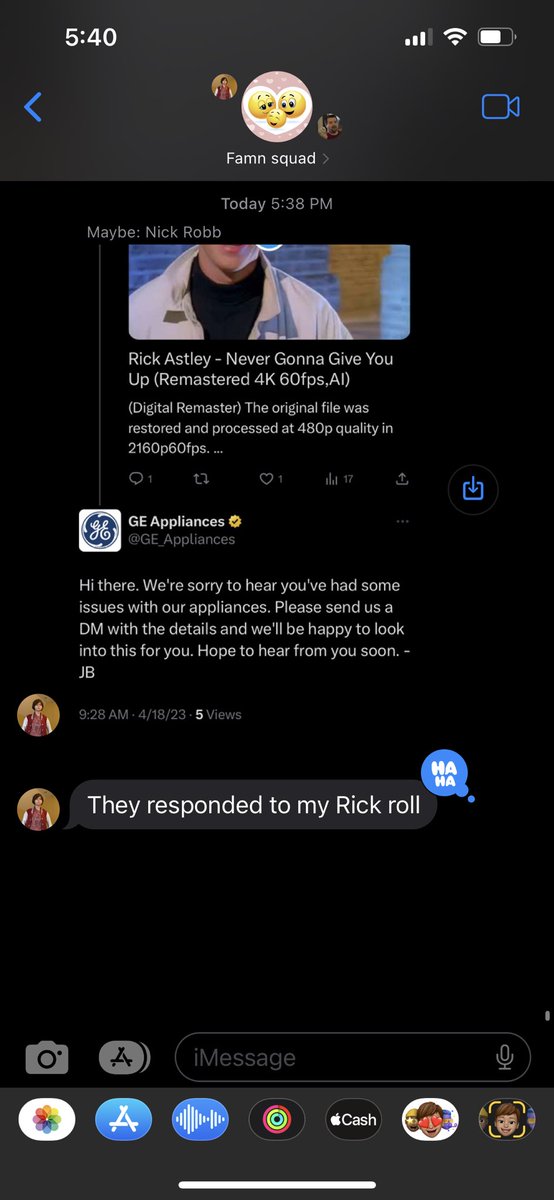 LOL <a href="/GE_Appliances/">GE Appliances</a> “customer service” responded to a Rick roll. 🤣