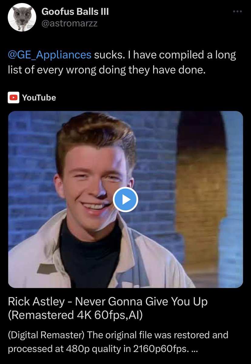 laura_baich's tweet photo. LOL @GE_Appliances “customer service” responded to a Rick roll. 🤣 https://t.co/NPRYcBpeQB
