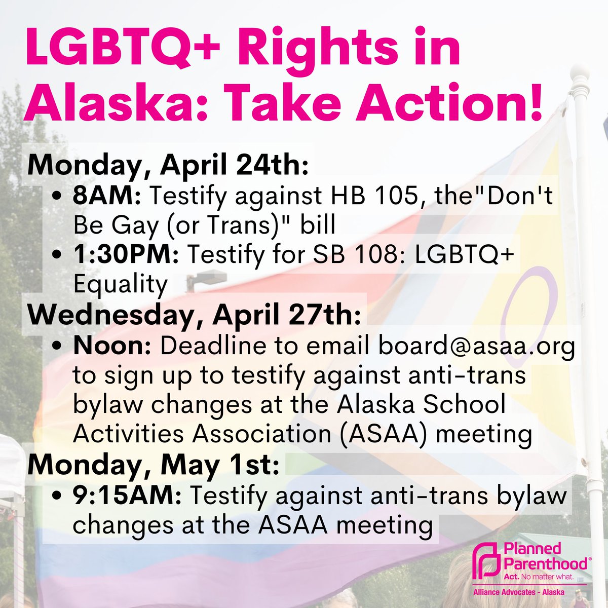 ppadvocatesAK's tweet photo. Next week is big for LGBTQ+ rights in Alaska. Monday at 8AM: Call in to oppose HB 105 (if you haven’t already), @GovDunleavy's "Don't Be Gay" bill. Monday at 1:30PM: Call in to support @alaskascott's SB 108: LGBTQ+ Equality (everyone can call in). #akleg https://t.co/BobWZXuvBB