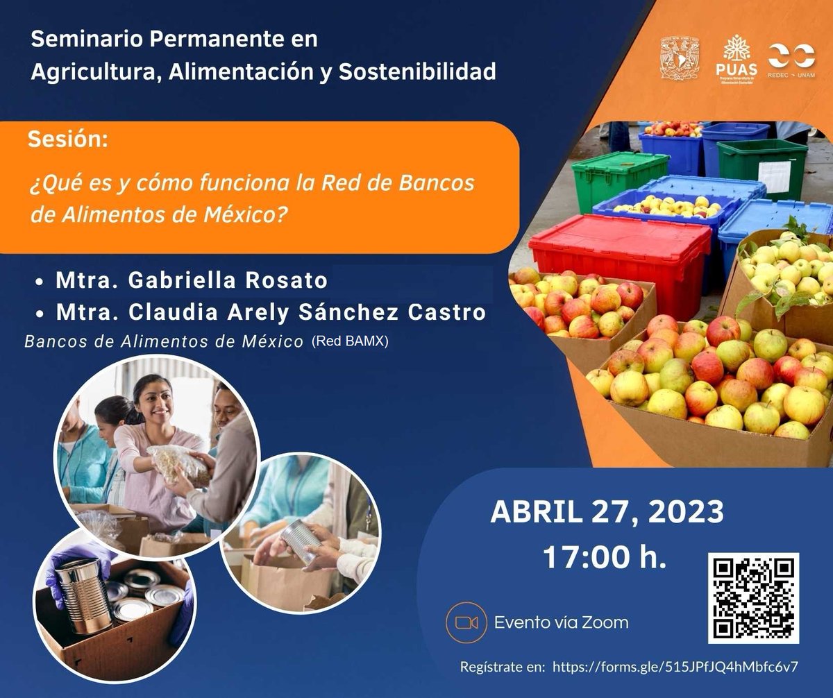 puasunam's tweet image. Seminario Permanente de Agricultura, Alimentación y Sostenibilidad, Jueves 27 de abril a las 17:00 horas vía zoom.
Tema: ¿Qué es y cómo funciona la Red de Bancos de Alimentos de México?

Registro en:
forms.gle/515JPfJQ4hMbfc…
#AlimentaciónSostenibleUNAM #puasunam #BAMX #REDBAMX