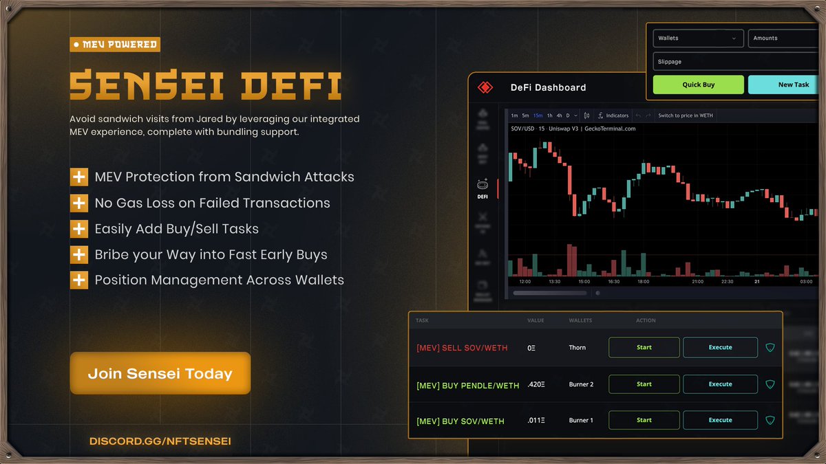 ⛩️ Sensei DeFi Suite: out NOW for PRO ⛩️

Dominate the market with unparalleled ease and efficiency, powered by MEV protection 🤖

Discover the expanded Sensei Suite, unlocking a new era of DeFi trading mastery 🦾

Elevate your game like never before! 👇