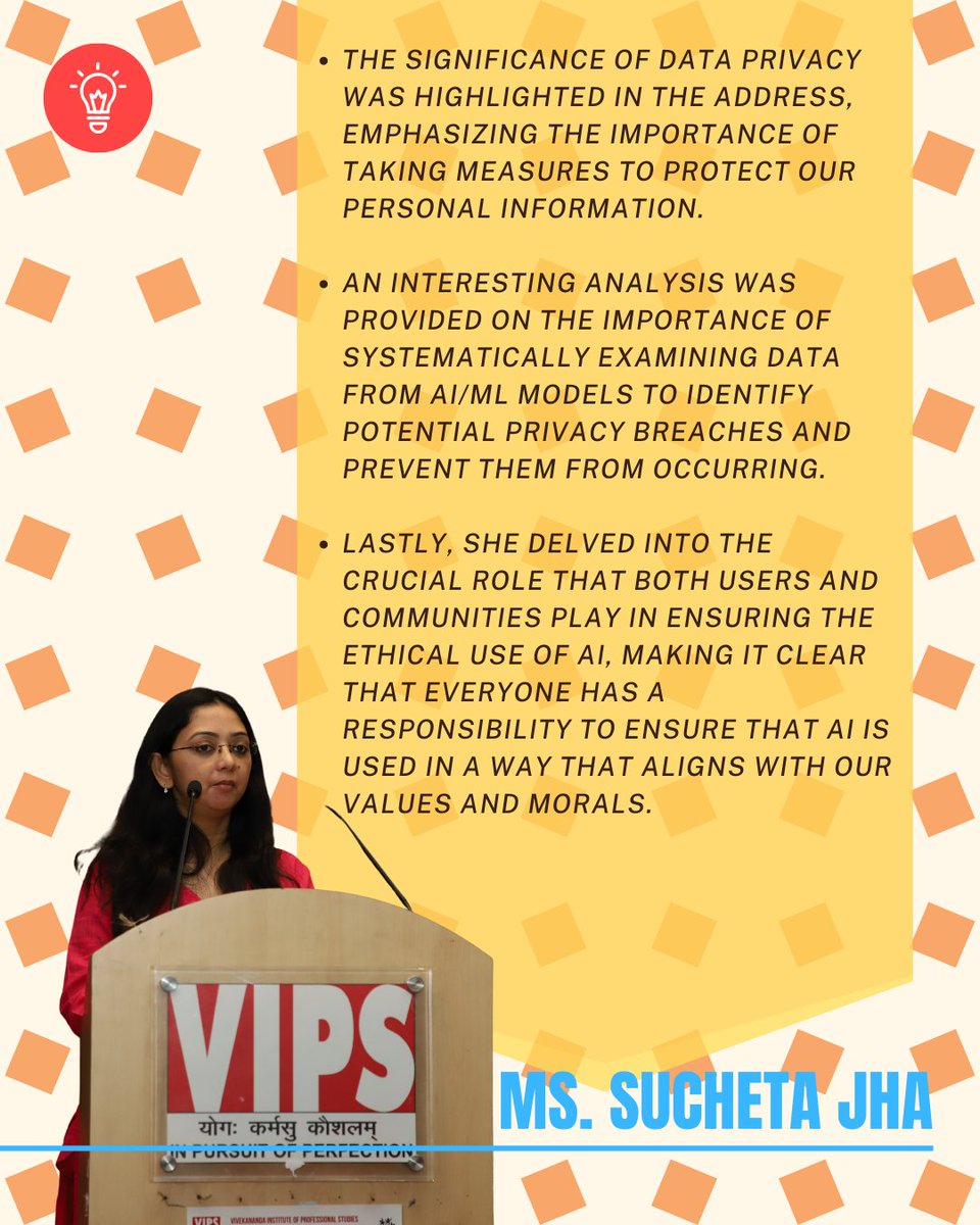 VIPS_Delhi's tweet photo. On April 19, 2023, our eminent panelists, Ms. Samya Gupta, Ms. Latika Malhotra, and Ms. Sucheta Jha explored the offerings of AI and the impact it has on the data privacy of consumers.
#DataPrivacy #MachineLearning #EthicalAI #CustomerExperience #AIInsights #DataPrivacyProtection https://t.co/HaLAIgf6s2