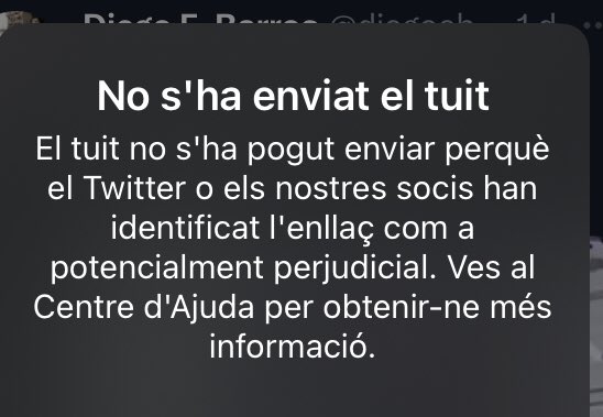 Per algun motiu que no ens ha comunicat @TwitterEspana no podem compartir per este mitjà les notícies del web de #TempsdeFranja. El
missatge és que consideren el contingut  “potencialment perjudicial”. Suposo que és allò qie hi ha gent a qui no li agrada que s’escriga ni es pense