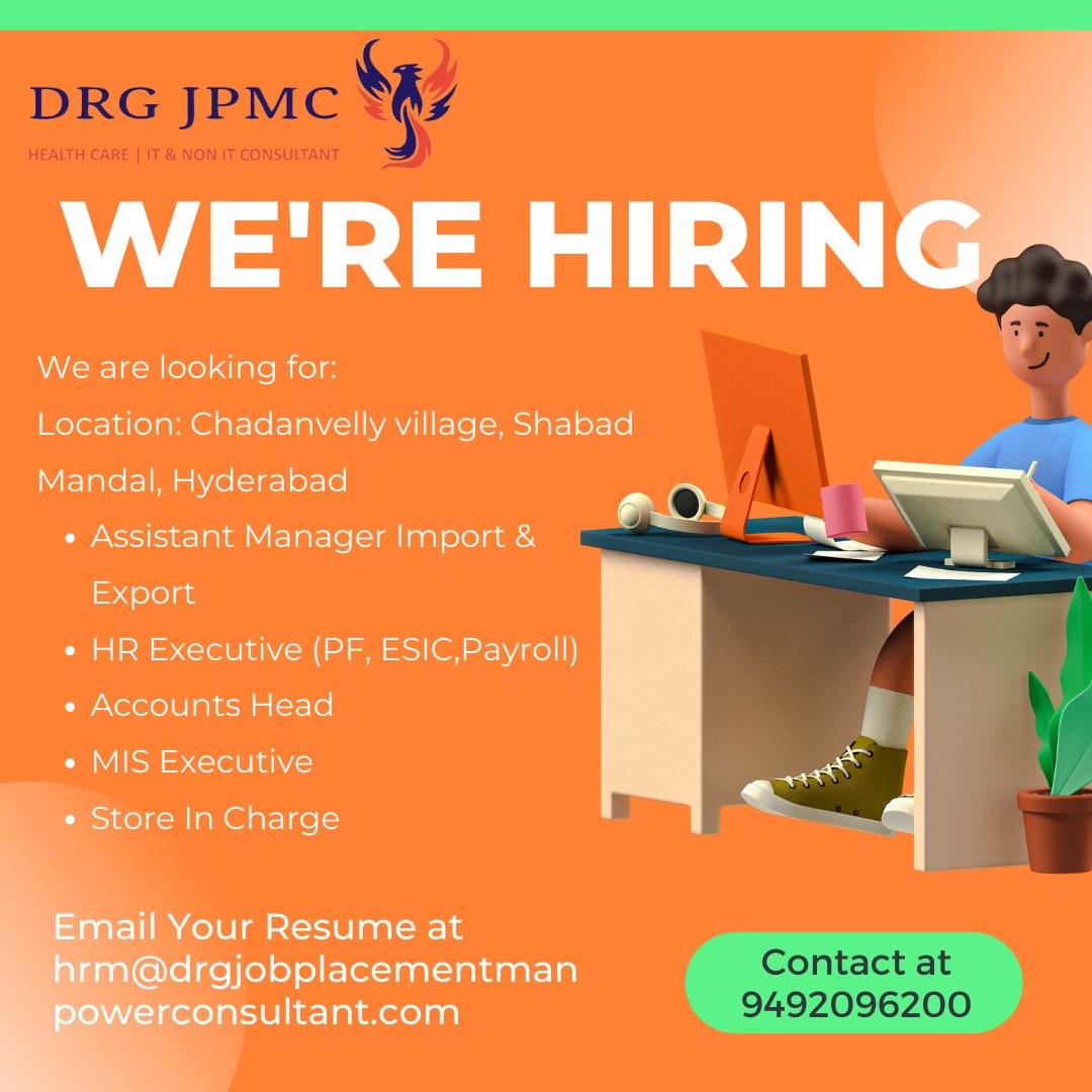 We are #hiring #chadanvellyvillage #shamshabad #Hyderabad 

We are the number one in Hyderabad who provide free job placement

Kindly contact at 9492096200

#drgjpmc #drgjobplacementmanpowerconsultant  #assistantmanager #importexport #hrexecutive #Accounts #misexecutive #store
