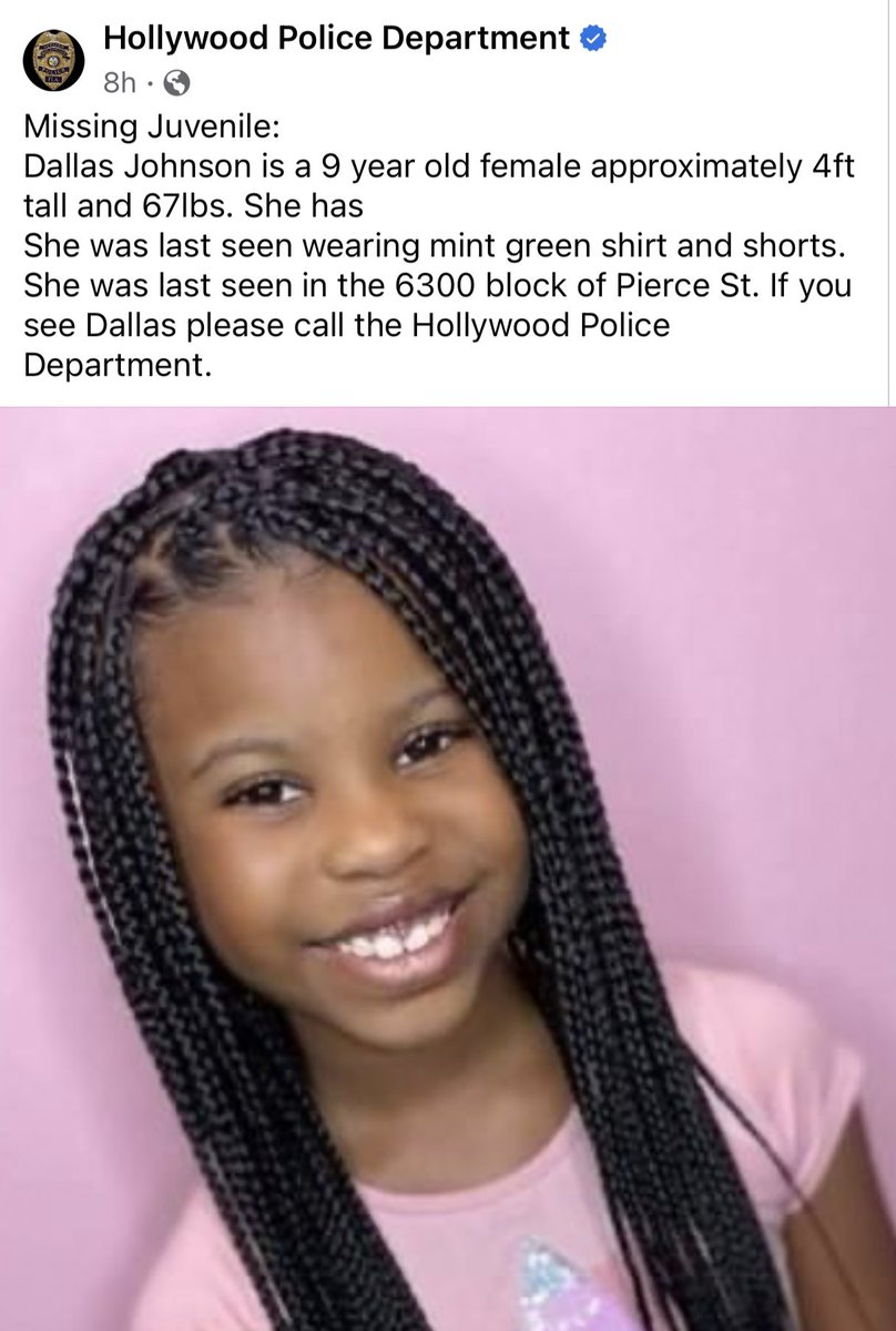 #MissingChild : Dallas Johnson (9), approx. 4ft tall & 67lbs. “She was last seen wearing mint green shirt & shorts on the 6300 block of Pierce St. If you see Dallas please call the Hollywood Police Department.” ⬇️ #Missing #MissingKidAlert #ProtectChildren #HollywoodPD #Florida