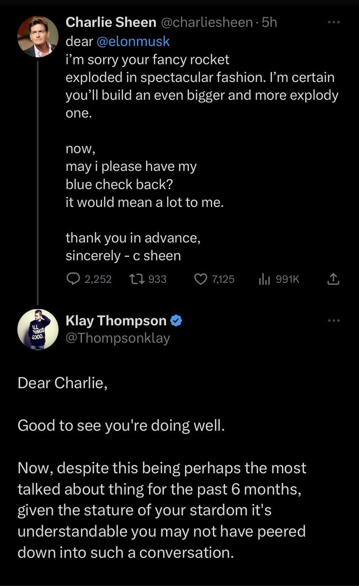 atrupar's tweet photo. Fake verified Klay Thompson responds to real unverified Charlie Sheen. An Elon Musk masterpiece. https://t.co/nrrOqQ6RTc