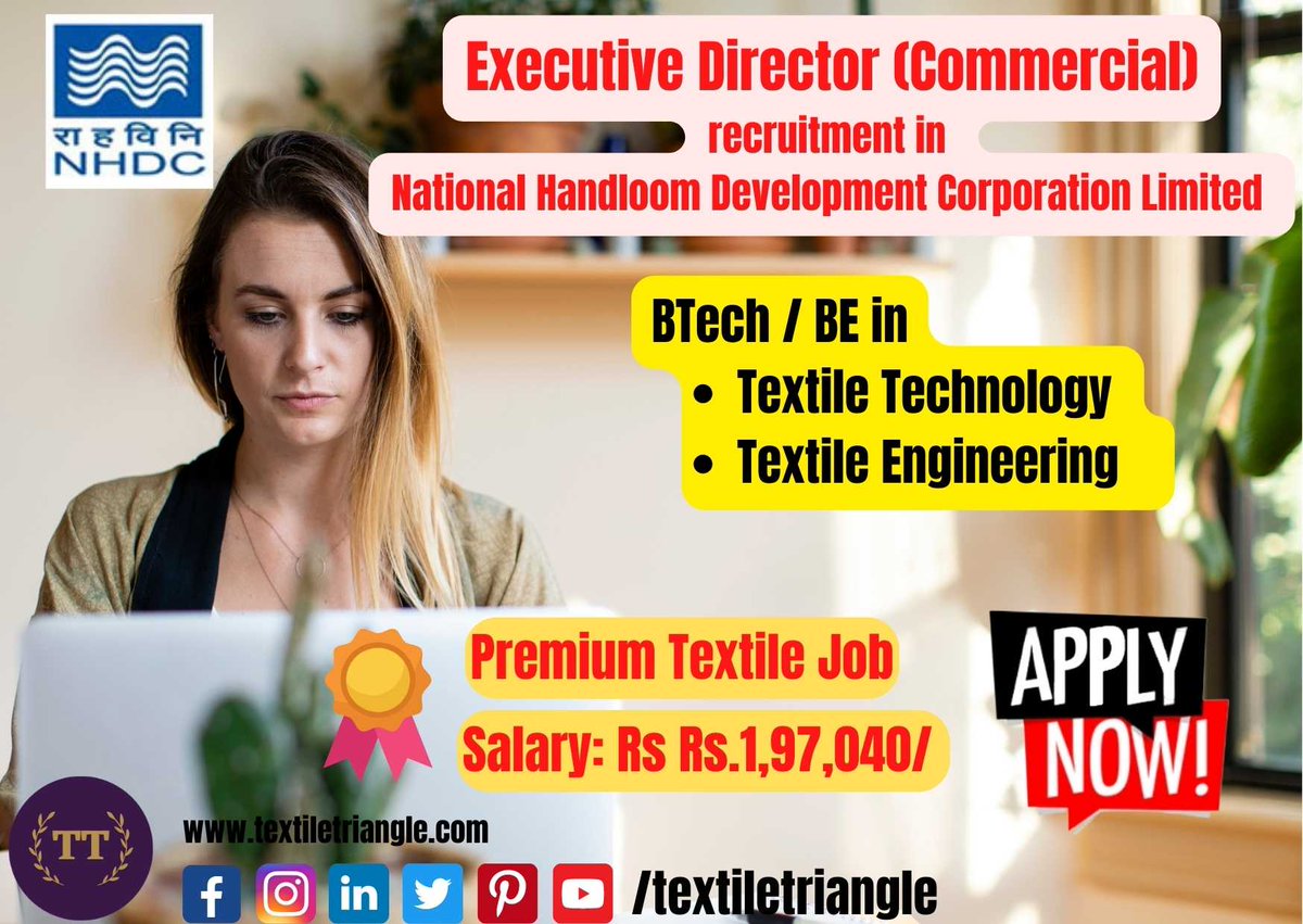 TextileTriangle's tweet photo. NHDC hiring Executive Director (Commercial). Premium Textile Job offering salary: Rs.1,97,040/- p.m
Know more: https://t.co/tSXPUP8wrj
#textiletriangle #textilejobs #jobalert #hiring #applynow #career #textile #job #MoT #textileministry #nhdc #textilejob #textilegovtjob #govtjob https://t.co/4023Xcuvo6