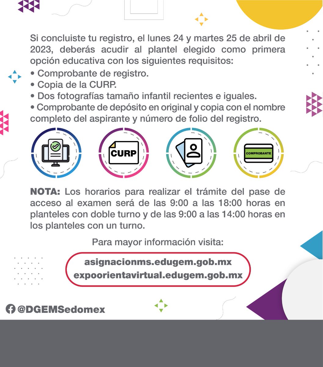 #103MunicipiosEdoméx
#EducaciónMediaSuperior
#EducaciónFuerte
#QueNoSeTePase
🚨La <a href="/DGEMSedomex/">DGEMS</a> informa: 
Aspirante tienes el 24 y 25 de abril para obtener tu pase de acceso al Examen de Asignación de los #103MunicipiosEdoméx 
Requisitos: asignacionms.edugem.gob.mx/#/inicio
No lo dejes pasar!