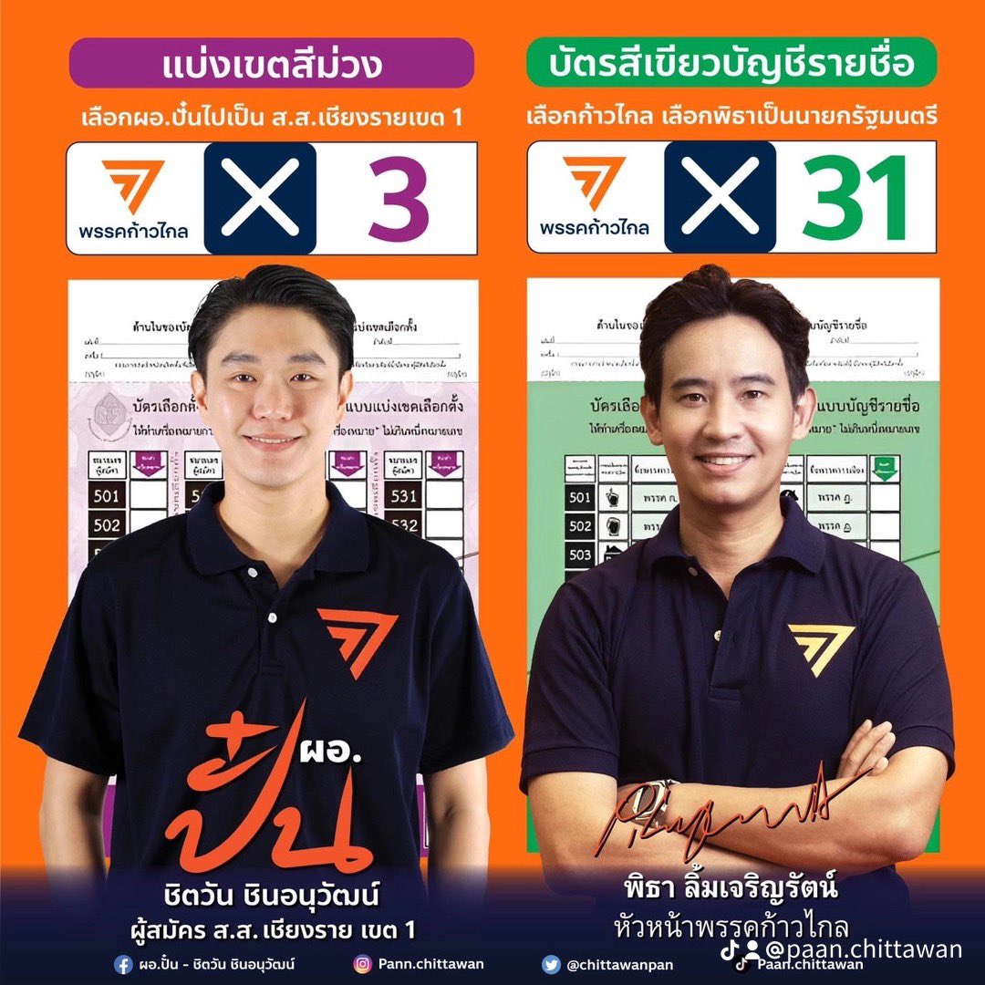 chittawanpan's tweet photo. 14 พฤษภาคม 2566
✅บัตรสีม่วง เลือก ส.ส. ชิตวัน ก้าวไกล เบอร์ 3
     เขต 1 เชียงราย
✅บัตรสีเขียว เลือกพรรคก้าวไกล เบอร์ 31 

อย่ารอคอยการเปลี่ยนแปลง 
แต่จงเป็นส่วนหนึ่งของมัน 
อนาคตของประเทศไทยอยู่ในมือคุณ

❌กาก้าวไกล ประเทศไทยไม่เหมือนเดิม https://t.co/Sj3GZAnFAN