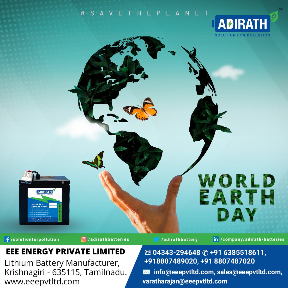 Adirathbattery's tweet photo. Let's Nurture the Earth so that we can have a better Future. #WorldEarthDay

Website: https://t.co/dAZtLl7DKQ
#Adirath #adirathbatteries #Lithiumionbattery #lithiumbattery #lithium #Lithiumion #lithiumbatteries #Renewableenergy #battery #batterypack #Lithiumpolymer https://t.co/tI3mxITsd2