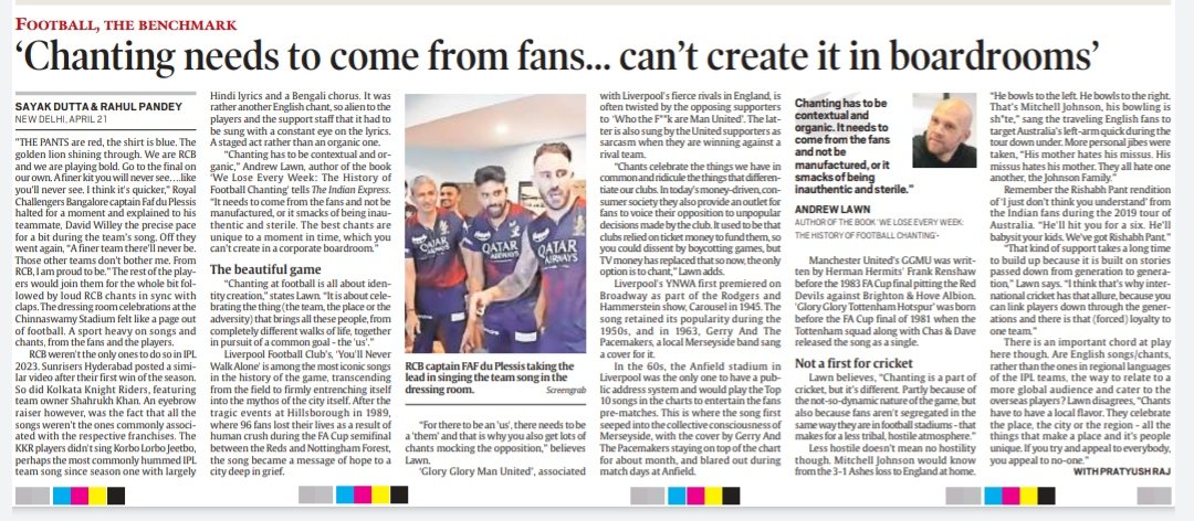 "Chanting needs to come from the fans and not be manufactured, or it smacks of being inauthentic and sterile," says <a href="/Andrew_Lawn/">Andrew lawn</a>. 

On the #IPL2023 trend which is not a first for cricket, but just feels different. 

With <a href="/lonestar90/">Sayak Dutta</a> &amp; <a href="/pratyush93_raj/">Pratyush Raj</a>: 
indianexpress.com/article/sports…