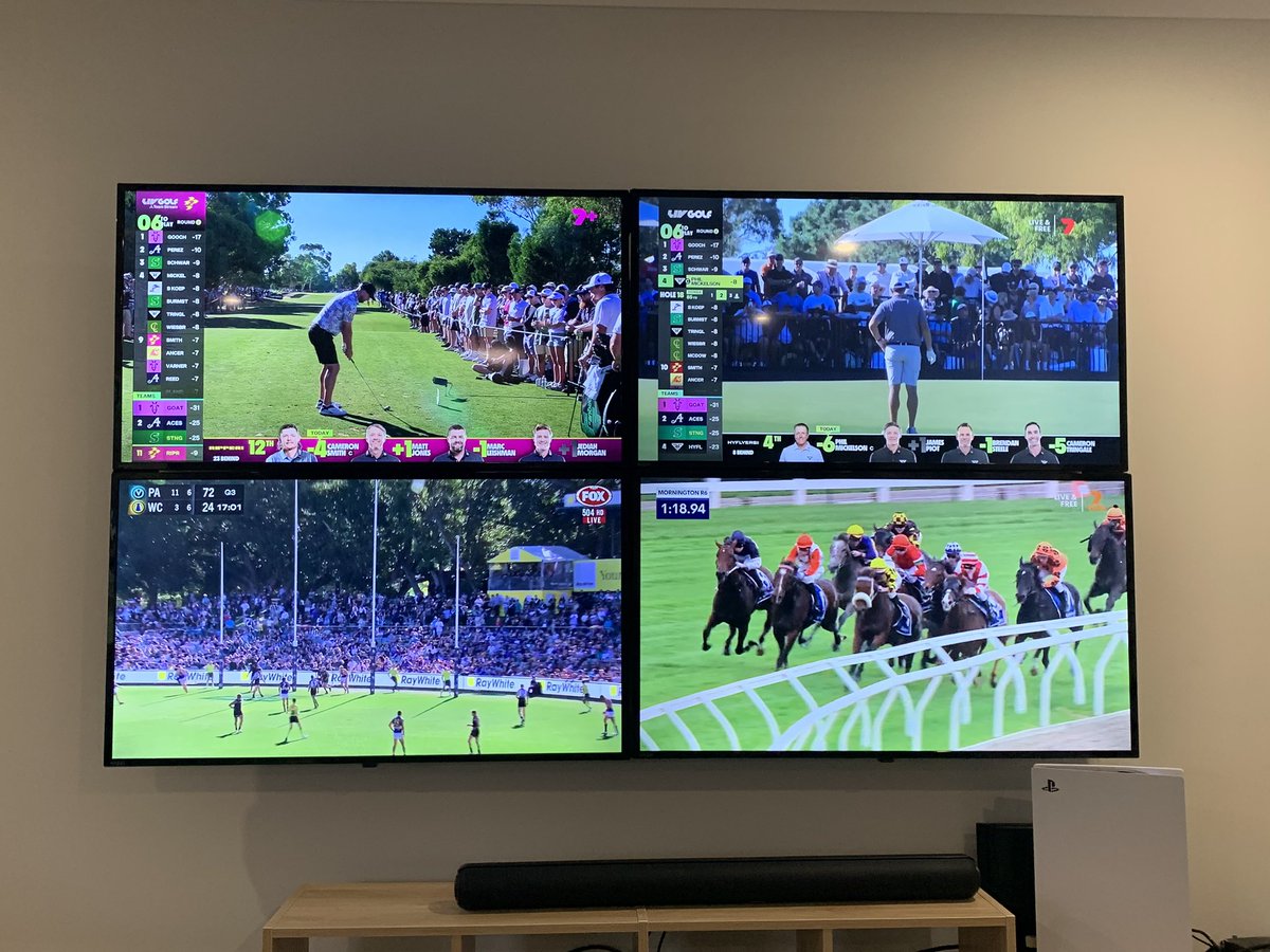 Settled in on the couch for the arvo. #LivBroadcast  (watching from
Victoria 🇦🇺), <a href="/rippergc_/">Ripper GC</a> Stream, Footy and Races on the megawall! This is Living 🍻