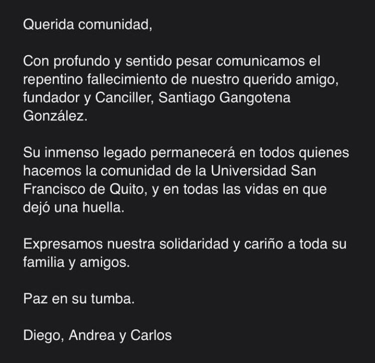 PosgradosUSFQ's tweet photo. 🤍🤍🤍 
Una infinita tristeza.
#USFQ #SantiagoGangotena @USFQ_Ecuador https://t.co/R1n07poeQy
