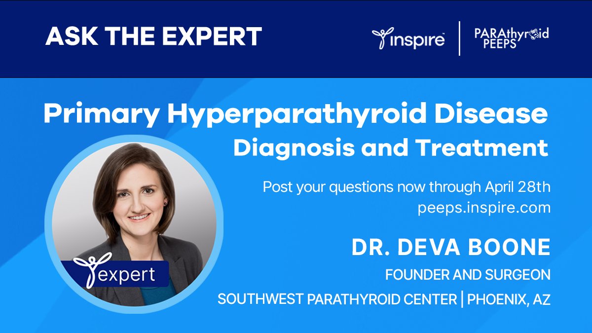 parathyroidpeep's tweet photo. Primary HyperPARAthyroid Disease - Join us on Inspire for a Q &amp; A with expert Dr. Deva Boone.  Create an account (free) to ask questions which she will answer Mon. 4/24 thru Fri. 4/28 https://t.co/uavMaIyT2m https://t.co/3PafCJLxgh