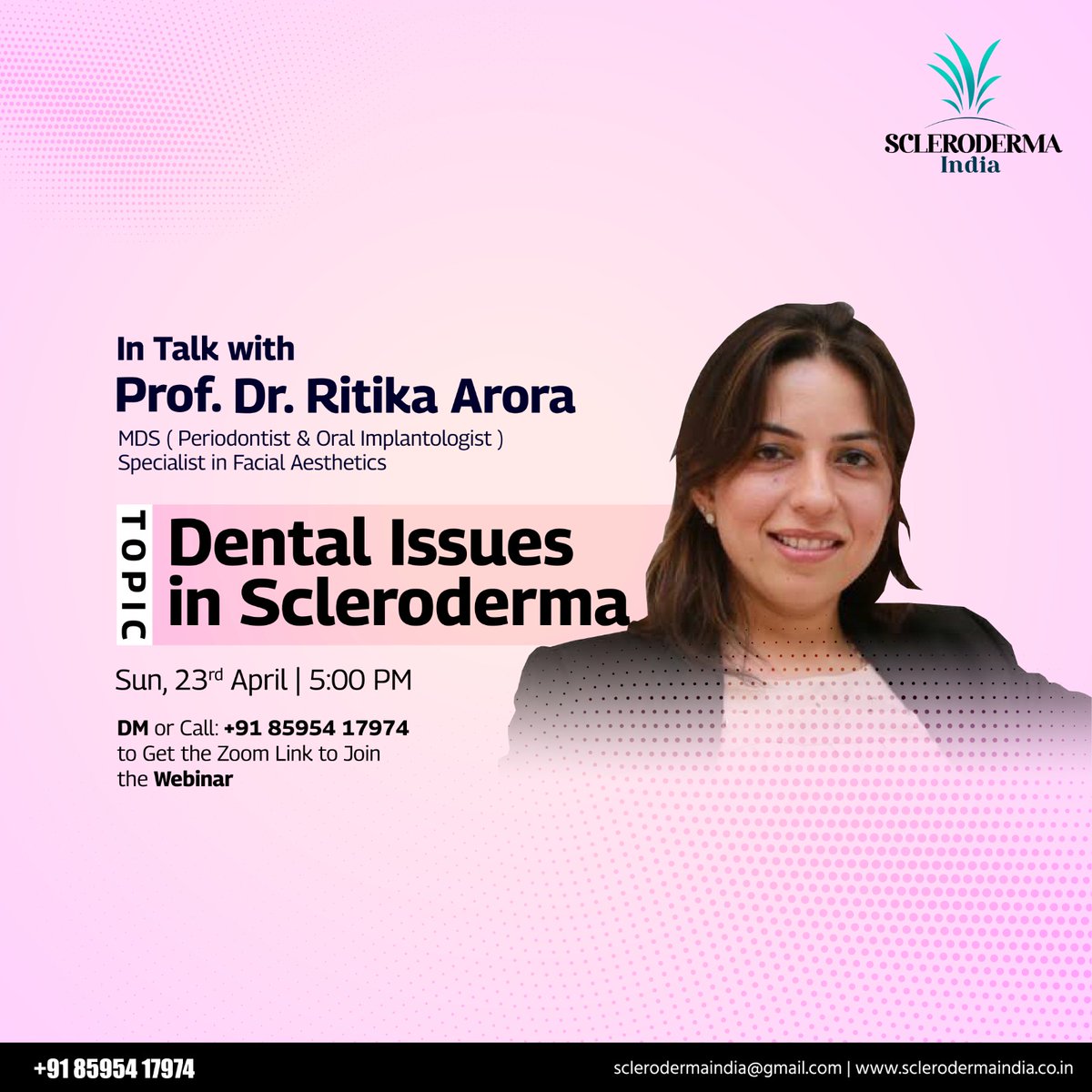 ScleroIndia's tweet photo. In talk with Prof. Dr. Ritika Arora(MDS) on topic Dental issues in Scleroderma! Join us.
Sun, 23rd April | 5 PM
Call:+91 85954 17974 or DM to get the joining link.
#SclerodermaIndia #OralIssues #dentalissues #Webinar #DentalHealth https://t.co/taGra7iE6K