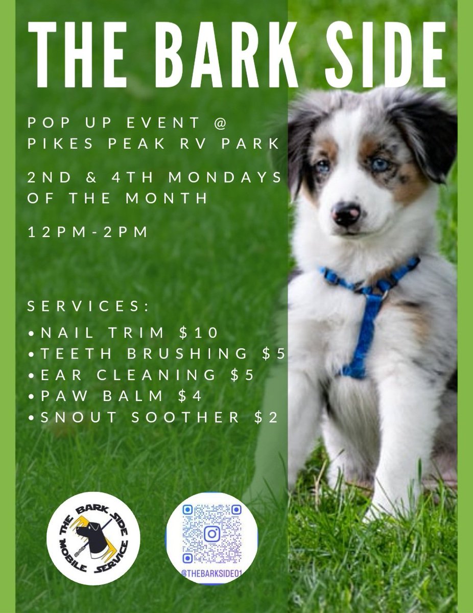 groomergirl92's tweet photo. I'm excited to announce that starting April 24th, you can find me every second and fourth Monday at Pikes Peak RV Park. Come see me - I'd love to meet your pups! 🥰 #Coloradosprings #petgroomer #thebarkside #nailtrim https://t.co/V5Gn4d5VYk