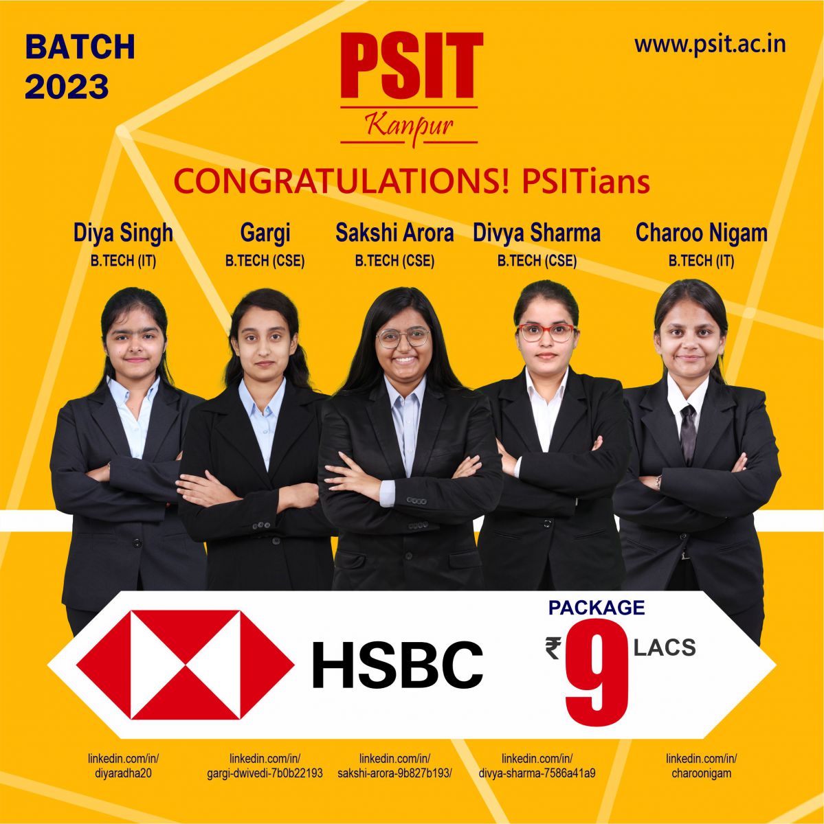 yadav9778's tweet image. Great news! The talented students of #PSITKanpur have shown their #mettle by securing placements in #HSBC with a fantastic package of 9 lacs. #Congratulations to these five #outstanding students for their #remarkable #achievement.

#PSIT #PSITians #Placement #Placements