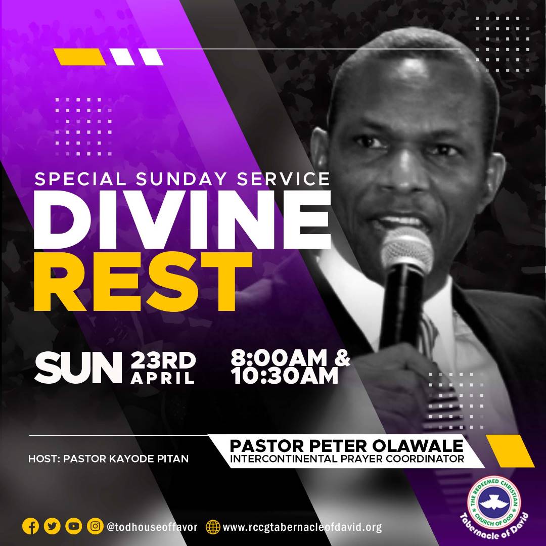 Todhouseoffavor's tweet photo. Special Sunday Service with Pastor Peter Olawale (RCCG Intercontinental Prayer Coordinator).
Theme: DIVINE REST- Exodus 33:14.
This Sunday, 23rd April 2023 at 8:00am and 10:30am.
...don't miss God's visitation at the #SpecialSundayService #MorningDewService #FamilyService https://t.co/k6PNmN5Bdx