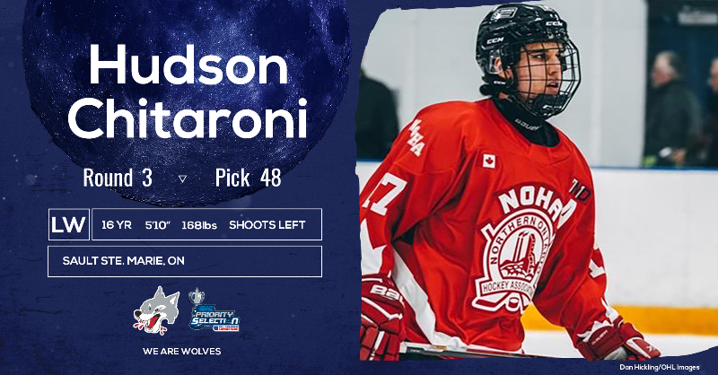 Sudbury_Wolves's tweet photo. The Wolves 🐺 are proud to select Forward, Hudson Chitaroni from @AAAJrGreyhounds with the 48th pick in the 2023 #OHLDraft presented by @RealCdnSS  👊
Welcome to the PACK, @HudsonChitaroni ! 🔥 #WeAreWolves