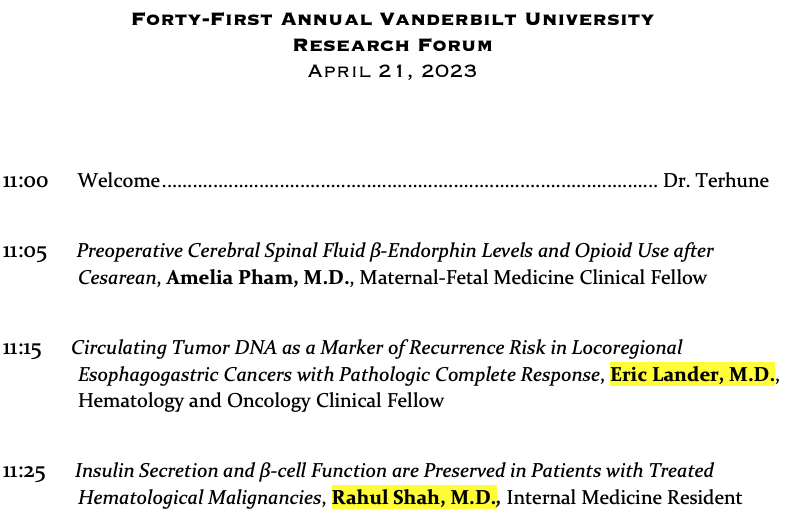 .@EricLanderMD and I representing @VUMC_Medicine @VUMCHemOnc with our oral presentations at @VUMCGME's annual research forum! Top 5 of 105 resident/fellow submissions! @VUMCMedicineRes @BipinSavani @TaeKonKim1 @CathyEngMD @mgibson21212 @Kathy_WalshMD