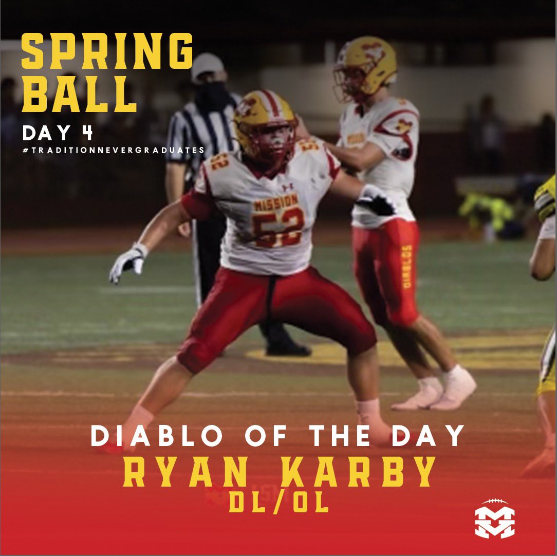 missionfootball's tweet photo. The Diablo of the Day for Practice #4 is Ryan Karby! Ryan is a two way lineman for the Diablos and is one of the hardest working players in the program! #missionmade #dirtydevils https://t.co/HvsFmvMtT4