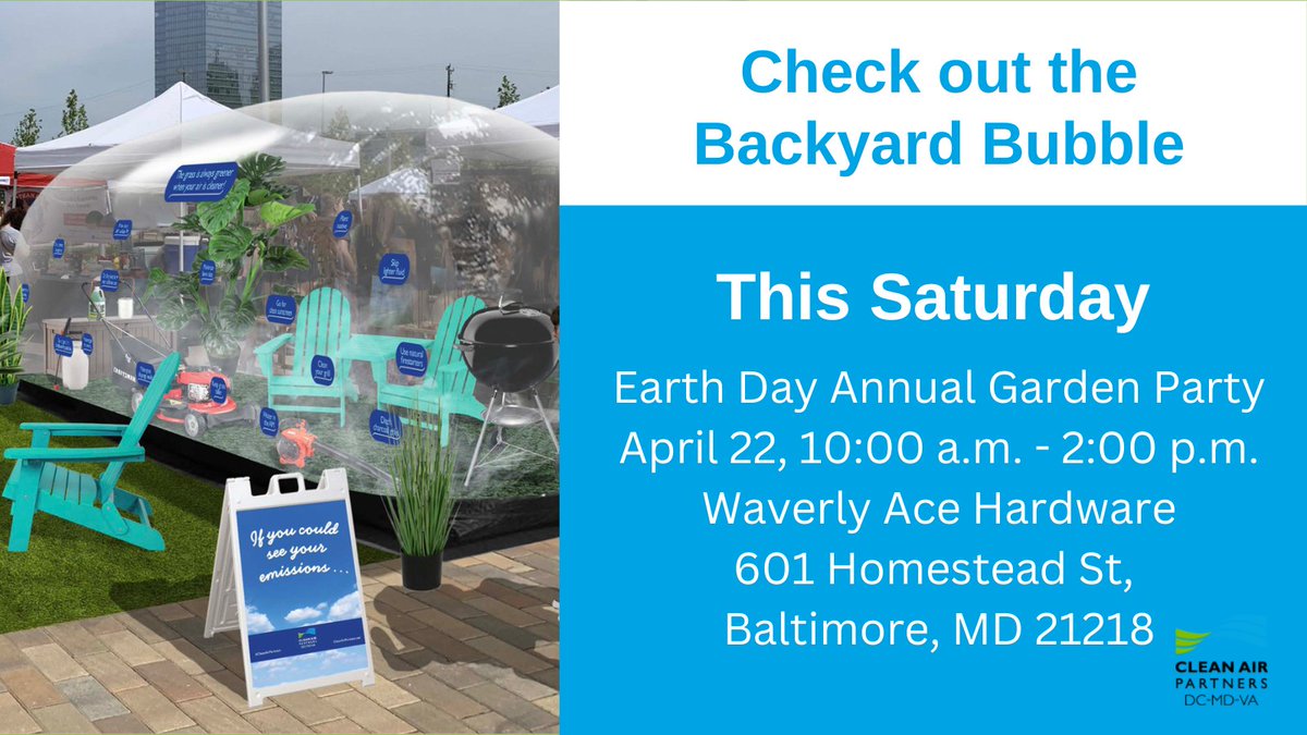 Don't miss a special pop-up at our annual #EarthDay #Garden Party at our Waverly location. Our friends from <a href="/CleanAirPartner/">Clean Air Partners</a> &amp; <a href="/MDEnvironment/">MD Environment</a> will be showcasing hidden backyard #emissions hazards &amp; giving away tools to green your lawn routine every half hour 10am - 2pm!