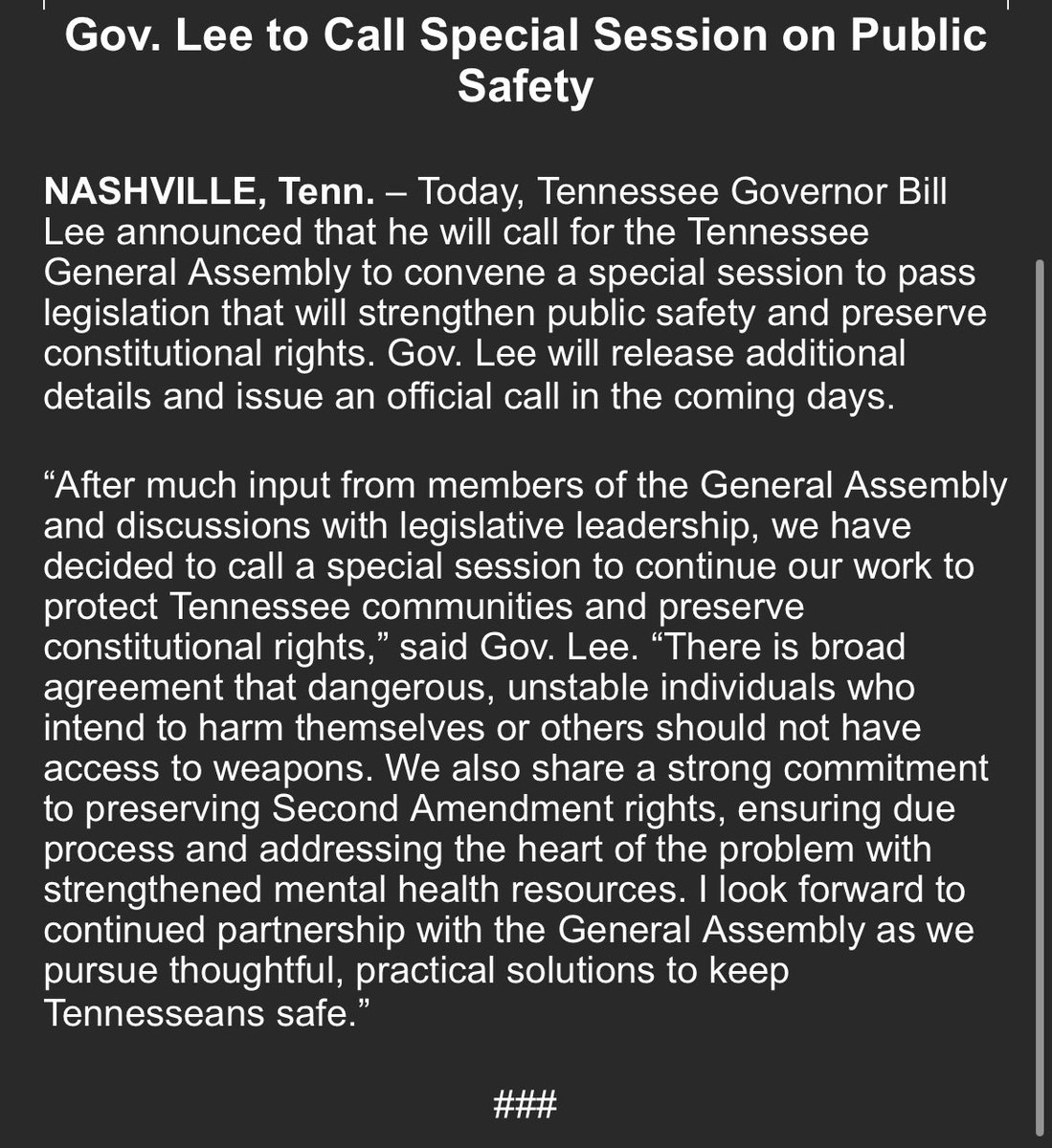THEChrisOB's tweet photo. BREAKING: Gov. Lee has called a special session on public safety.

@WKRN 
#TNLeg23 https://t.co/u33bSUvd25