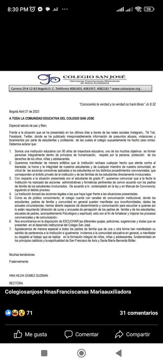 SuangM's tweet photo. Las directivas del colegio sacan un comunicado que dice que las faltas al manual de convivencia y los castigos hacen parte del ámbito privado del colegio, así como perseguir hace más de 20 años a las niñas embarazadas @LauLigarretoB @Masterenplastil https://t.co/SQSXn6ieAu