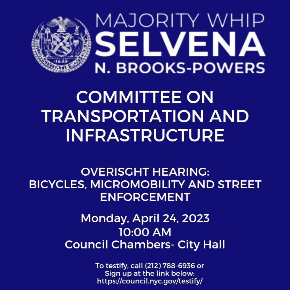 CMBrooksPowers's tweet photo. Happening Monday, the @nyccouncil Committee on #TransportationAndInfrastructure will convene an oversight hearing on bicycles, micromobility, and street enforcement. We will also hear a series of bills. To testify, sign-up at https://t.co/opnXmYBUfQ https://t.co/UCneWLcJTQ