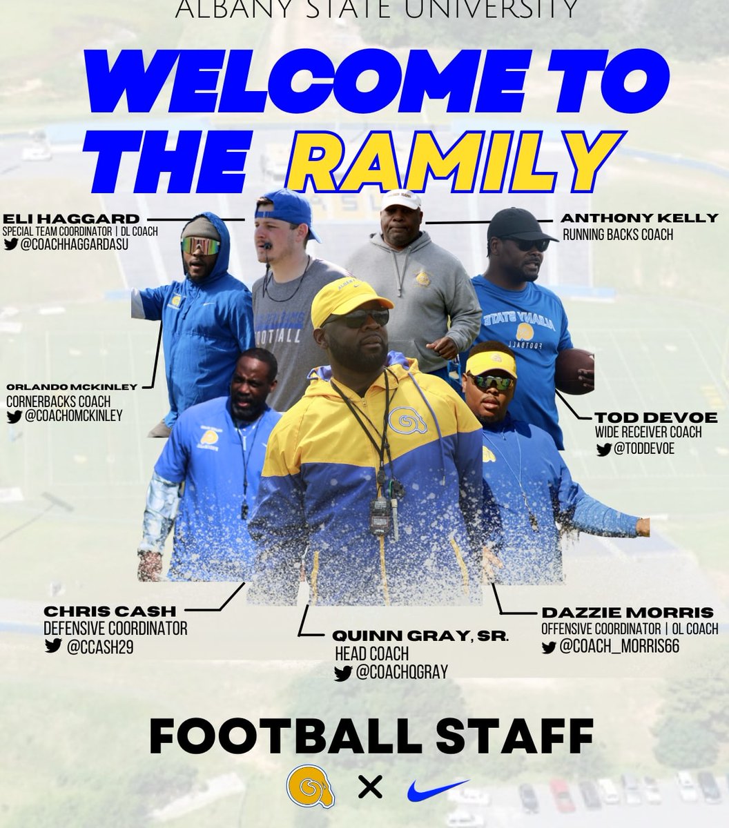ASUGoldenRamsFB's tweet photo. Make sure you follow the Golden Rams coaching staff as we hit the road recruiting over the next month..
HC - Coach Gray @CoachQGray
DC - Coach Cash @ccash29
OC - Coach Morris @Coach_Morris66
SpTmC/DL - Coach Haggard @CoachHaggardASU
WR/RC - @toddevoe
DB - @CoachOMcKinley https://t.co/ZJU2icaqn4