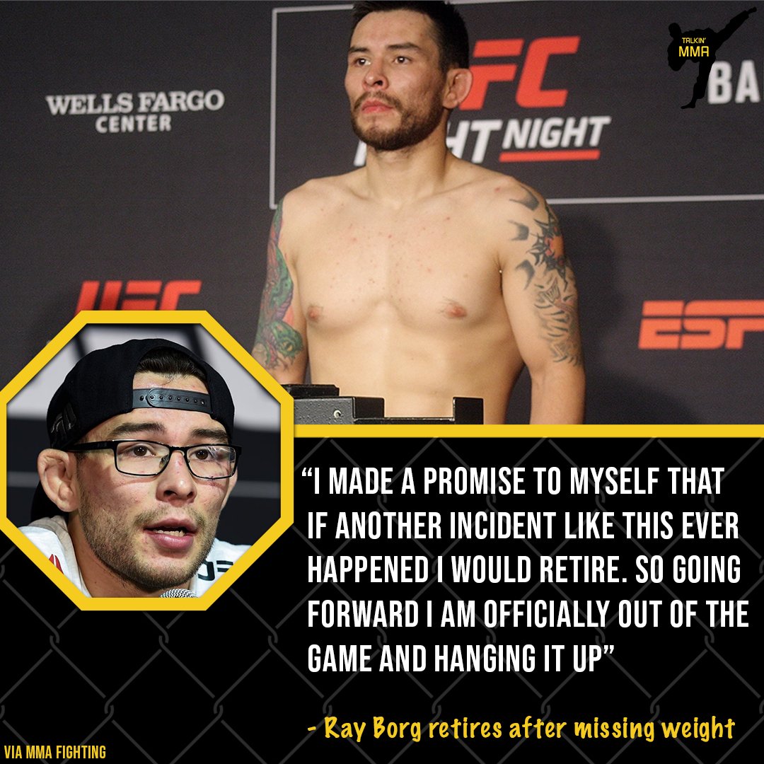 Talkin_MMA's tweet photo. Ray Borg retires after missing weight & getting cut from Bellator today..
#bellator #bellator294 #mma #ufc #rayborg #news #mmanews #bellatornews #mmanews https://t.co/A6dnwLwwFV