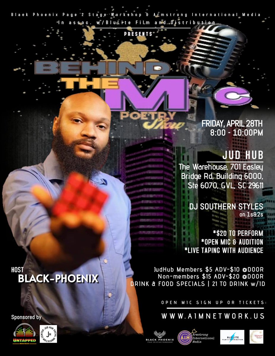 AIMLLC2021's tweet photo. Behind The Mic Poetry Show, the new open mic hosted by Black Phoenix! Calling all poets to perform and audition for a new tv show!! 

Venue: JudHub (Judson Mill)
Friday, April 28th, 8-10pm

$20 Open Mic-$15 Adv
DJ Southern Styles 
Food-Drinks-Live taping 
https://t.co/GPHAOVqKtD https://t.co/6f9sDZqj6h