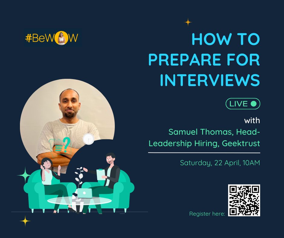 geektrust's tweet photo. Join us for a session with Samuel Thomas, an HR professional and recruiter with over 14 years of experience. 
He will share tips on what to look for in a job, how to prepare for an interview, and how to negotiate an offer.  

#bewow #interviews https://t.co/h8Flklxo10