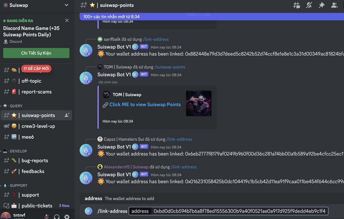Alo alo Ae vào discord của #Suiswap cập nhật ví #Sui nha. 

#Suiswap bảo sẽ #airdrop dựa trên point tích được trong quá trình tương tác và đồng hành cùng dự án.
1. Link discord: discord.gg/suiswap
2. Suiswap: suiswap.app/app/
3. Zealy: zealy.io/c/suiswap-app/…