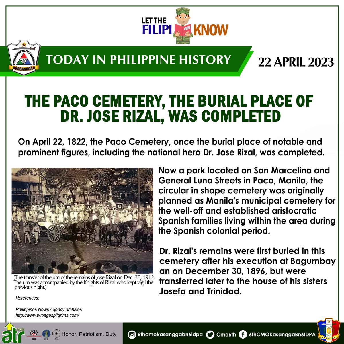 SixCmo's tweet photo. LET THE FILIPI-KNOW
TODAY IN PHILIPPINE HISTORY | 22 APRIL 2023 

THE PACO CEMETERY, THE BURIAL PLACE OF DR. JOSE RIZAL, WAS COMPLETED https://t.co/Q0YV1jOIKy