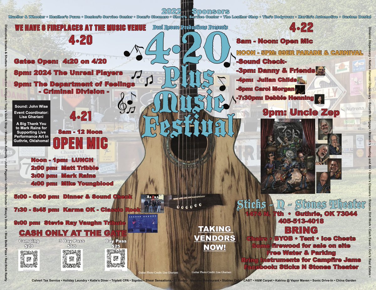 4:20 Fest #guthrie #oklahoma <a href="/UncleZep/">Uncle Zep</a> headlining tomorrow night Sat. 4/22!

sticksnstones.webador.com/tickets

#gettheledout #rockandroll #outdoor #festival #livemusic