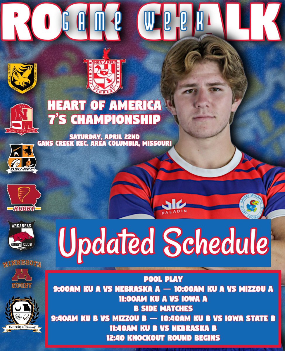 KansasRugby's tweet photo. Here is an updated schedule for tomorrow. We take on Nebraska at 9, Missouri at 10 and Iowa at 11. #rockchalk https://t.co/SXMTBXHTFS