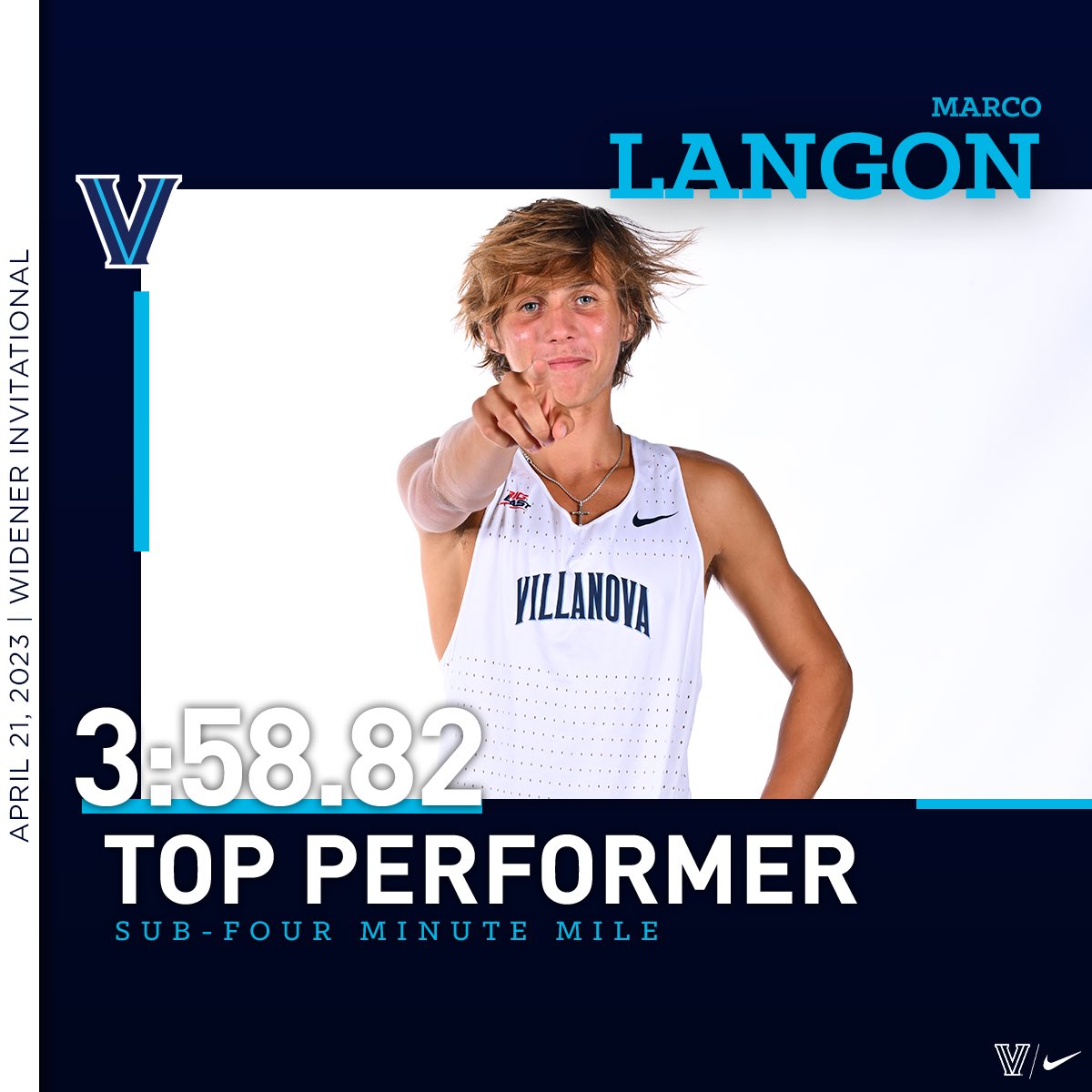 NovaTrackXC's tweet photo. ‼️Sub-4 Alert‼️

Running unattached tonight at Widener, freshman Marco Langon becomes the 45th member of Villanova’s sub-4 minute mile club! #GoNova #TopPerformer #Sub4 🔵⚪️✌️ https://t.co/54ukCwd5Vx