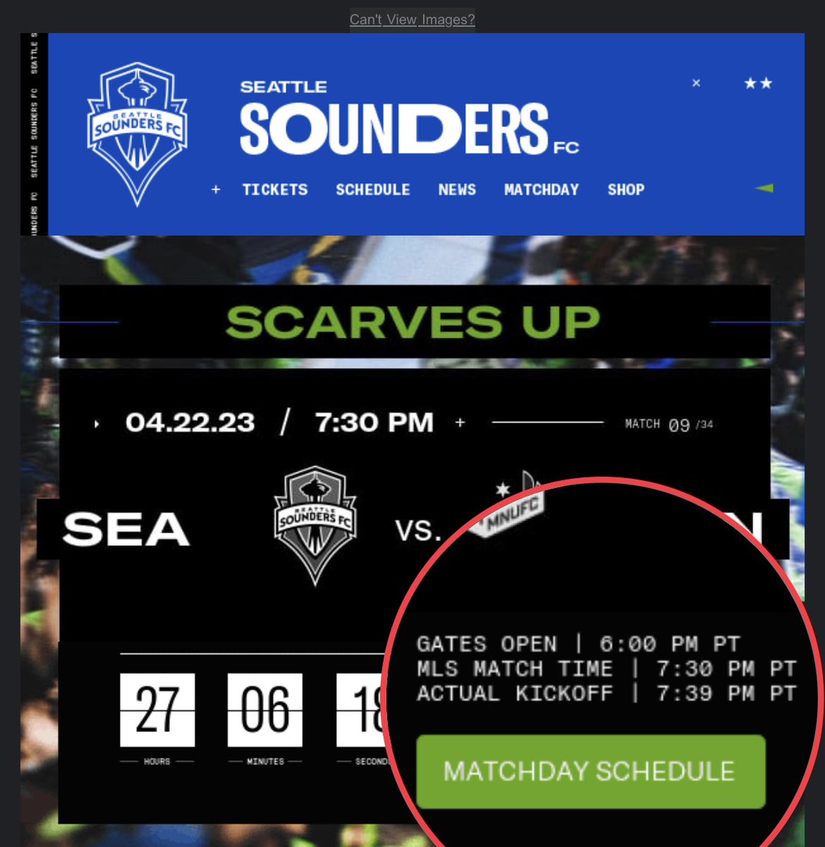 dlnbk's tweet photo. @MLSKickoffTimes Well, at least @SoundersFC is being honest in their emails: “MLS Match Time” vs “Actual Kickoff” 🤣 https://t.co/sPsNmxfqyY