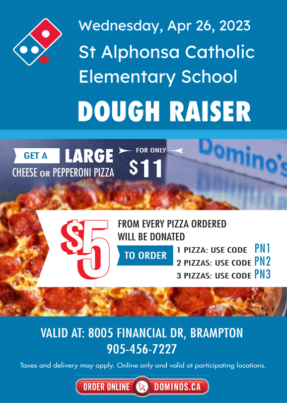 Wednesday April 26th is Family Pizza Day!
Place your online order using the below codes valid only at 8005 Financial Dr. Then pick up your order &amp; enjoy your meal knowing that you helped <a href="/StAlphonsaDP/">St. Alphonsa Catholic Elementary School</a> earn funds for future initiatives. It's that easy!  
Buon appetito! 🍕🍕🍕🍕
