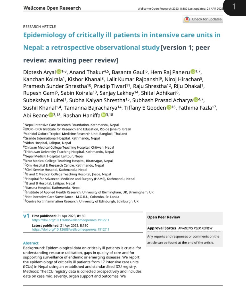 wellcomeopenresearch.org/articles/8-180 In this paper, we report the first registry enabled evaluation of critical care population case mix, outcomes and ICU service activity in Nepal using the recently established Nepal ICU Registry @NepICRF