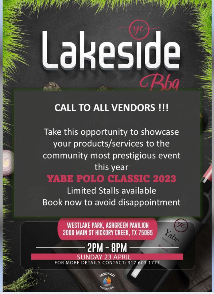 ZKBLAST's tweet photo. Lakeside BBQ
 YABE POLO CLASSIC 2023
Sunday April 23
Call to all Vendors! 
LIMITED STALLS AVAILABLE! 

#yabepoloclassic #zkblast #yabeevents #yabeeventz https://t.co/udbcQpmioI