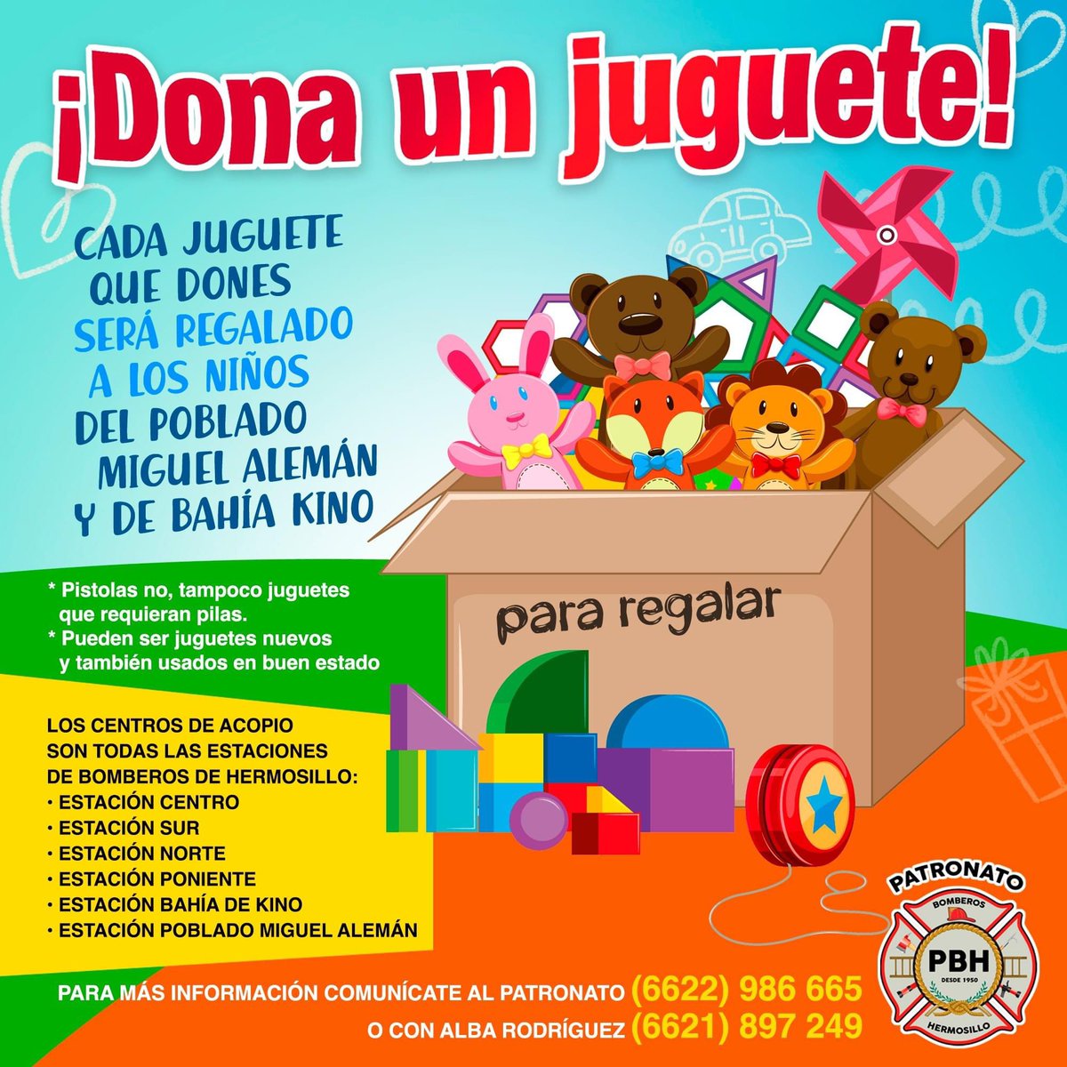 La Familia de Bomberos de Hermosillo y el Patronato de Bomberos de Hermosillo les hacemos extensiva la invitación a todas las personas para que participen y apoyen la CAMPAÑA DE DONACIÓN DE JUGUETES que estamos organizando.

Agradecemos mucho su apoyo.

<a href="/BomberosHermos1/">BomberosHermosillo</a>