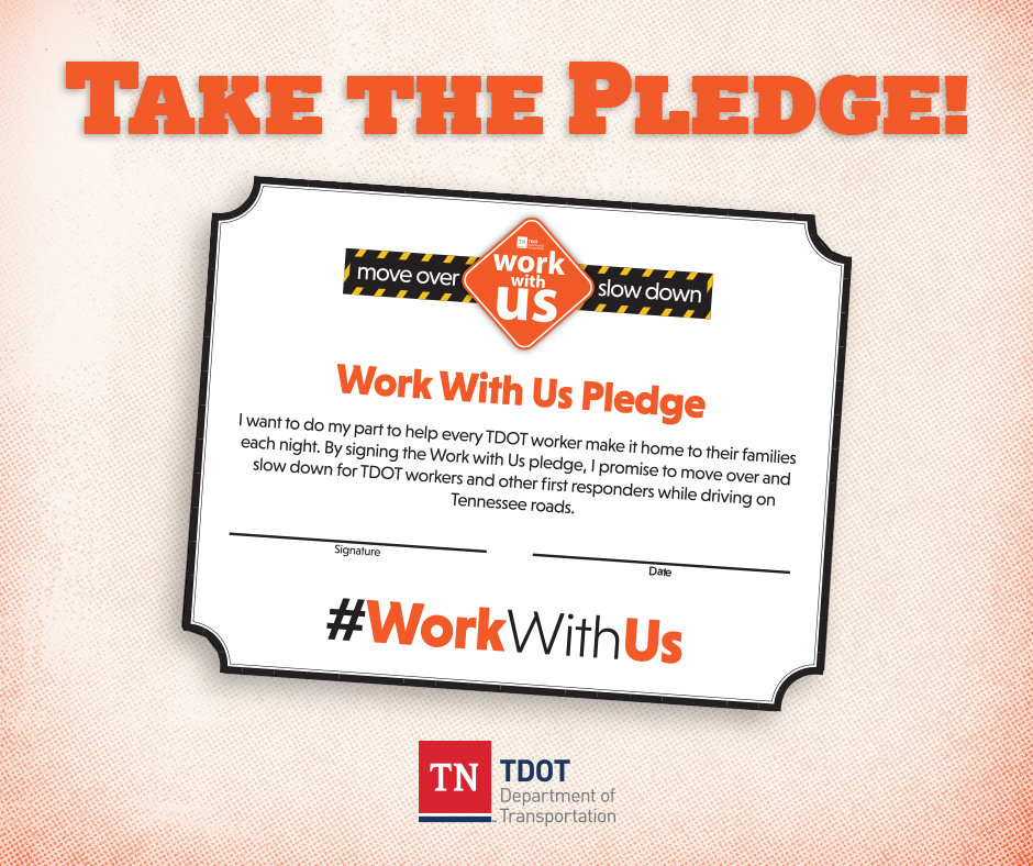myTDOT's tweet photo. Will you take the #WorkWithUs pledge? Commit to #MoveOver and #SlowDown for our workers and for all first responders while driving on Tennessee roads. 📙🖋📝🚓🚔🚑🚨🧡🔶

#NWZAW #WZAW #WorkWithUs #MoveOver #SlowDown https://t.co/rhjnkAjxVL