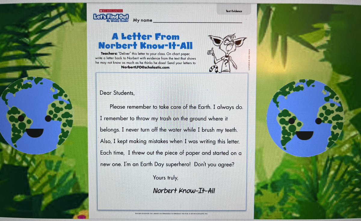 KCanToo1's tweet photo. With Earth Day tomorrow, I love using old @Scholastic LFO’s Norbert Know-It-All letters and writing back to him to fix his facts. Authentic reading makes authentic writing. #kcantoo #EarthDaypromises @coral_ridge @JcpsElemEla https://t.co/AmRCTALc9R
